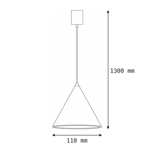 Strichzeichnung einer Pendelleuchte mit Maßangaben von einhundertzehn Millimeter Durchmesser und eintausenddreihundert Millimeter Gesamthöhe.