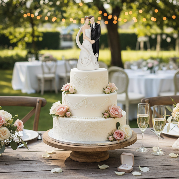 Dreistöckige weiße Hochzeitstorte mit Blumendekoration und Brautpaar-Aufsatz auf einem rustikalen Holztisch in einem hellen Garten.