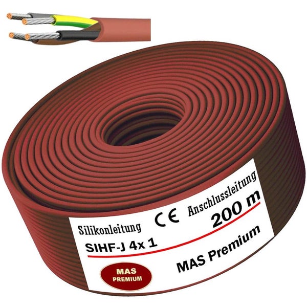 Silikonleitung SIHF-J 4x1, vieradrige Anschlussleitung, Rolle mit 200 Meter Länge, temperaturbeständige Elektroleitung für Industrie und Haushalt.