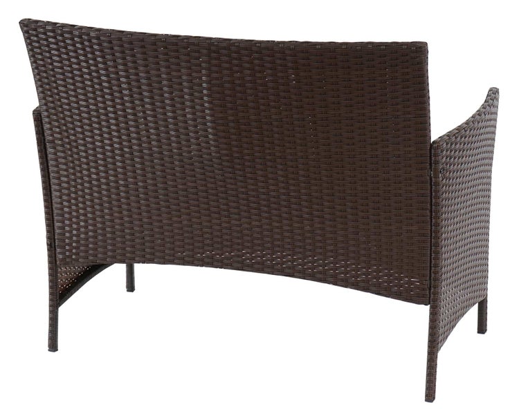 Rückansicht einer braunen Gartenbank aus Polyrattan mit Armlehnen.