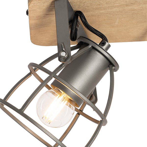 Wand- oder Deckenstrahler im Industriedesign mit Metallgitter und Holzelement, inklusive LED-Leuchtmittel