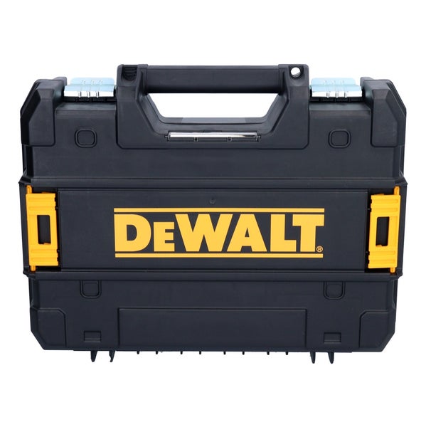 Schwarzer DeWalt Werkzeugkoffer aus Kunststoff mit Tragegriff, gelben seitlichen Verschlüssen und DeWalt Logo.