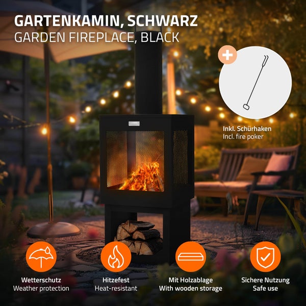 ML-Design Gartenkamin mit Schornstein 128x40 cm eckig, Stahl, Outdoor Gartenofen,  Terrassenofen mit Schürhaken, abnehmbarem Dach, Holzablage, Terrassenkamin Feuerschale/Feuerkorb für Garten & Camping