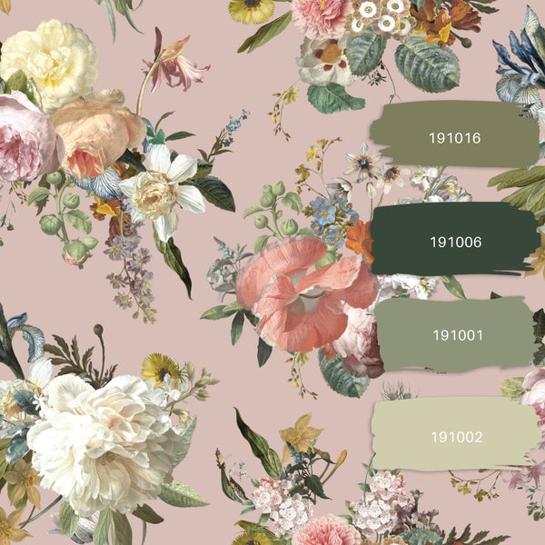 Blumentapete mit verschiedenen Blumenmotiven und Farbfeldern