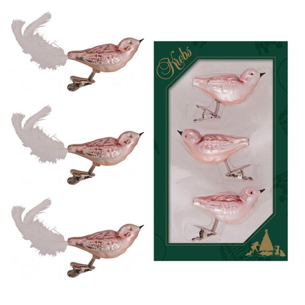 Korallenfarbene 11cm Glasvögel auf Clip mundgeblasen, handekoriert mit 5cm Federschwanz, 3 Stck., Weihnachtsbaumkugeln, Christbaumschmuck, Weihnachtsbaumanhänger