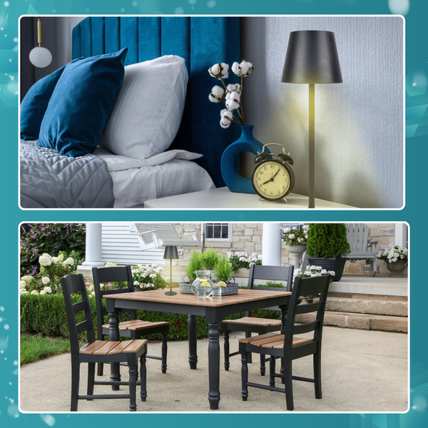Komposition aus Schlafzimmer mit Nachttisch und Gartenszene mit Esstischgarnitur