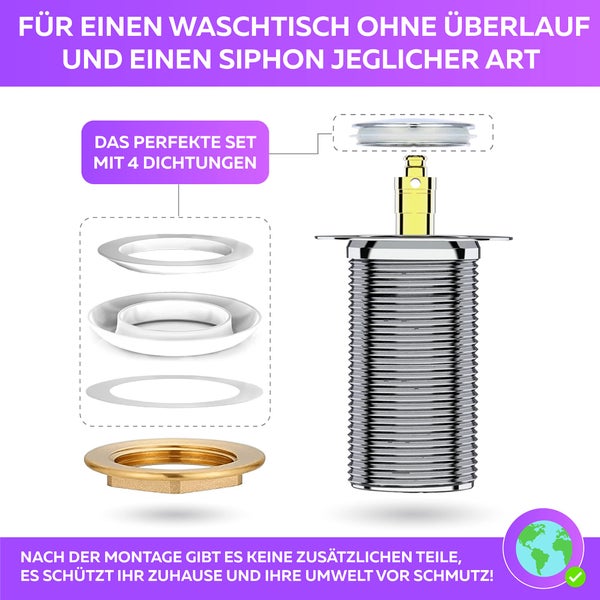 M. ROSENFELD HOME Ablaufgarnitur Waschbecken OHNE Überlauf mit Knopf - Chrom Ablaufventil Pop Up 1 1/4 zoll aus Edelstahl & Messing für Waschtisch - Pop-Up Ventil Waschbecken Abflussgarnitur