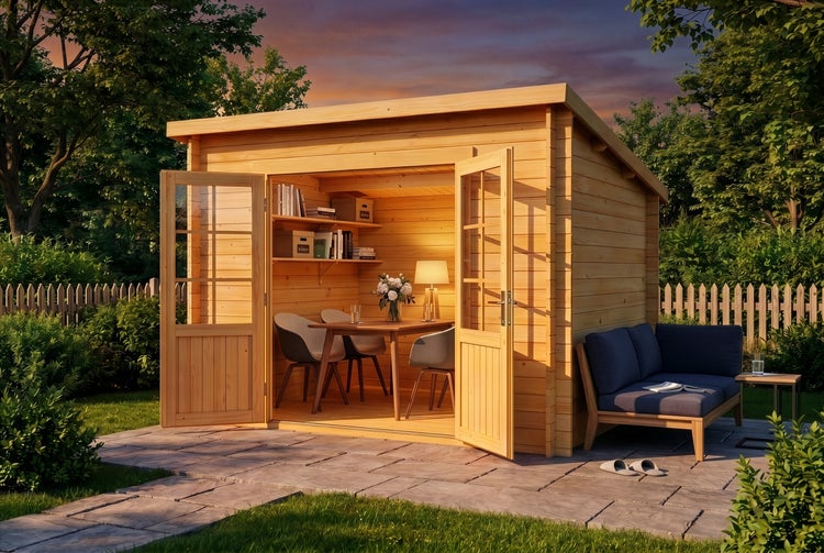 Modernes Gartenhaus aus Holz mit Flachdach und Doppelflügeltür, eingerichtet als Büro, auf einer Steinterrasse in einem Garten.
