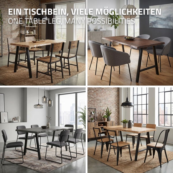 Vier verschiedene Esszimmer mit Tischen mit schwarzen Metalltischbeinen in unterschiedlichen Einrichtungsstilen und Umgebungen.