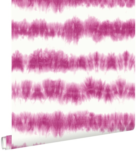 ESTAhome Tapete horizontale Tie-Dye Shibori Streifen Tiefrosa und Weiß - 53 cm x 10.05 m - 148688