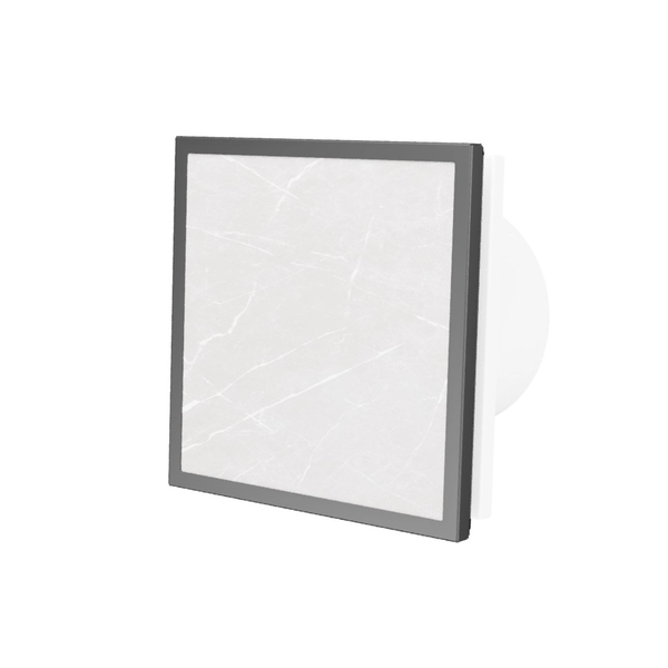 Quadratischer Badventilator mit marmorierter Front und anthrazitfarbenem Rahmen.