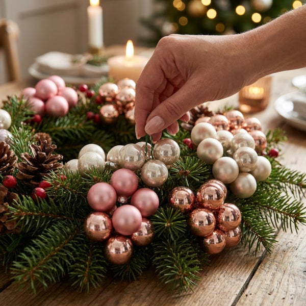 Hand beim Schmücken eines Adventskranzes mit Tannenzweigen, Kiefernzapfen und kleinen Weihnachtskugeln auf einem Holztisch.