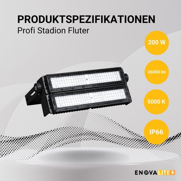 ENOVALITE Profi LED Stadion Fluter Flutlichtstrahler 200W 26000lm 5000K Neutralweiß Strahler IP66 IK10 Meanwell Driver