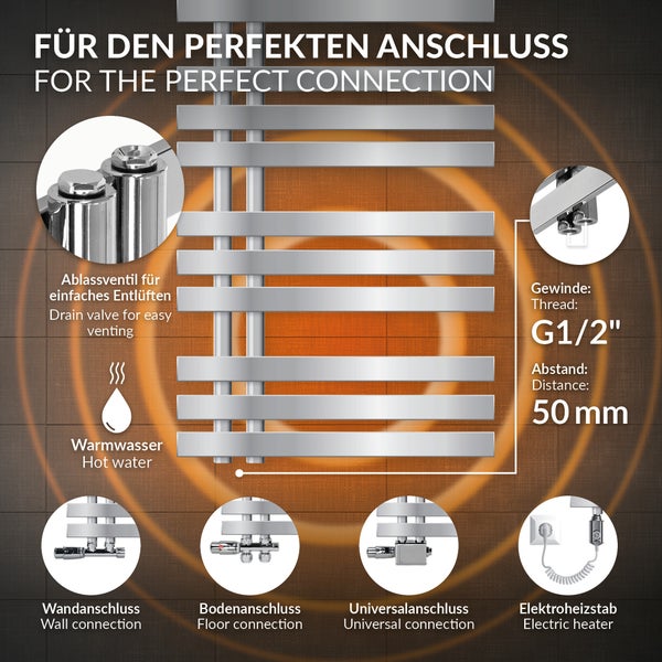 LuxeBath Badheizkörper Iron EM 500x1600 mm Chrom Mittelanschluss Anschlussgarnitur Thermostat Universal Eck- und Durchgangsform, Design Heizkörper Handtuchwärmer Handtuchtrockner Handtuchheizkörper