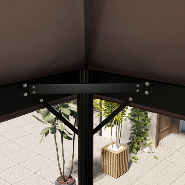 Detailansicht der Eckverbindung eines Pavillons mit schwarzem Metallgestell und braunem Stoffdach auf einer Terrasse.