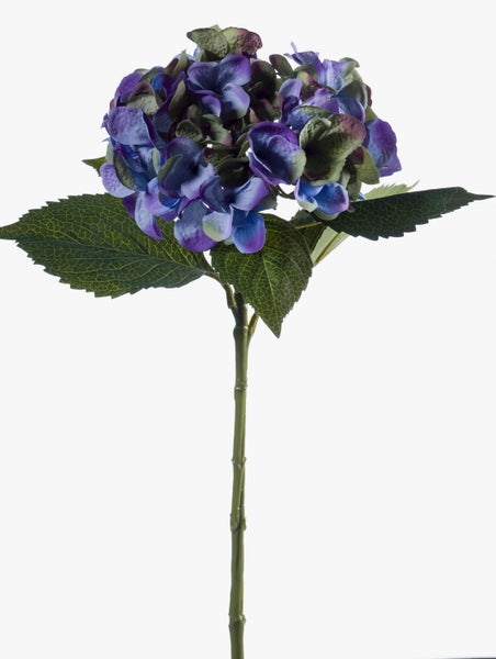 Künstliche Hortensie am Stiel mit blauen Blüten und grünen Blättern.