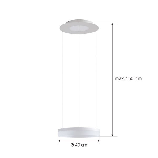 Pendelleuchte mit Maßangaben: Durchmesser 40 Zentimeter, maximale Höhe 150 Zentimeter.
