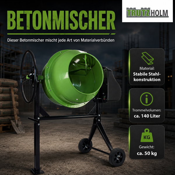 Trutzholm Betonmischer mit 140 Liter Trommelvolumen und stabiler Stahlkonstruktion für Baustellen.