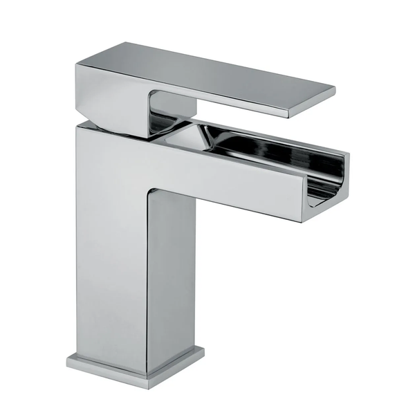 Verchromte Waschtischarmatur mit eckigem Design und offenem Wasserfall-Auslauf.