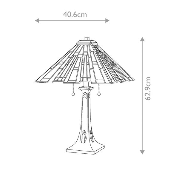 Skizze einer Tischleuchte mit den Maßen 40,6 cm Breite und 62,9 cm Höhe.