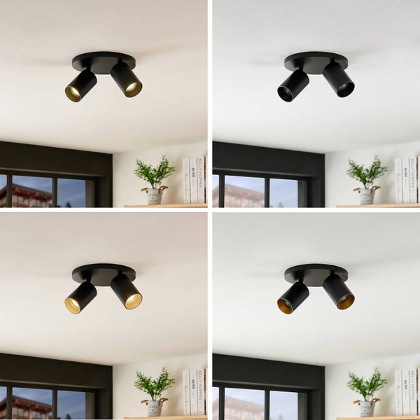 Deckenleuchte mit zwei Strahlern in unterschiedlichen Lichtstimmungen in Wohnräumen