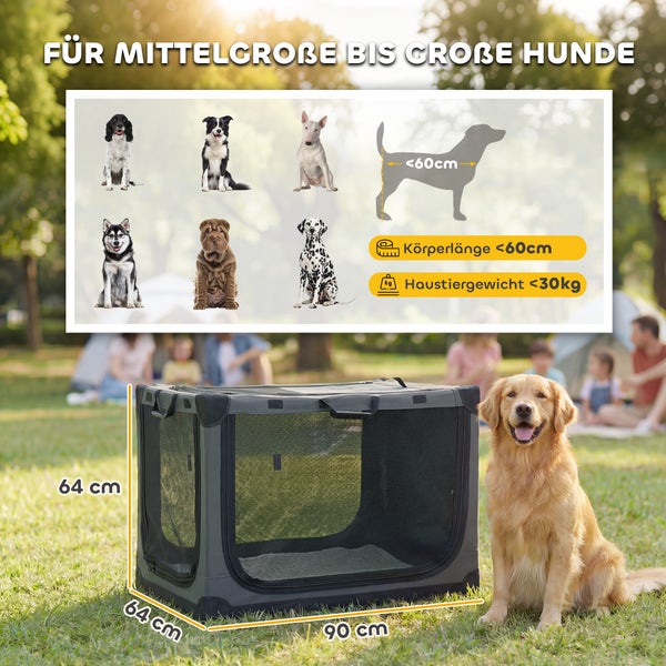 Faltbare Hundetransportbox, 90 mal 64 mal 64 Zentimeter, für Hunde bis 30 Kilogramm und 60 Zentimeter Körperlänge, im Freien mit Golden Retriever.