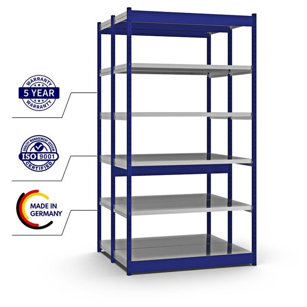PROREGAL Fachbodenregal Stecksystem Vierkant-Profil Grundregal HxBxT 250 x 132,5 x 50 cm 2x6 Ebenen Doppelseitige Bauart Fachlast 200 kg Enzianblau