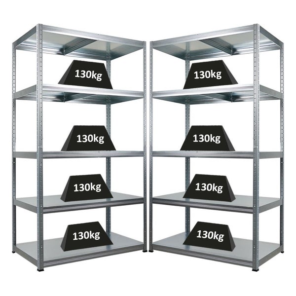 Zwei Metallregale mit je vier Ebenen, jede mit einem Gewicht von 130 Kilogramm belastet.