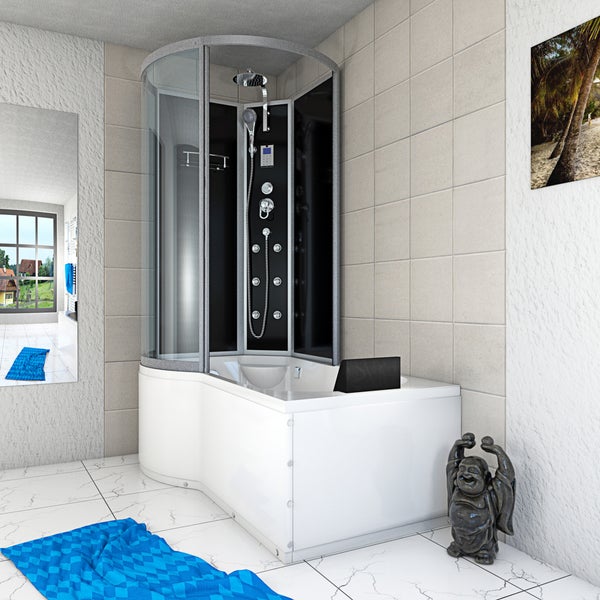 Moderne Dusch-Badewannen-Kombination mit schwarzem Paneel, Massagedüsen, Regenduschkopf und Glaskabine in einem hellen, gefliesten Badezimmer.