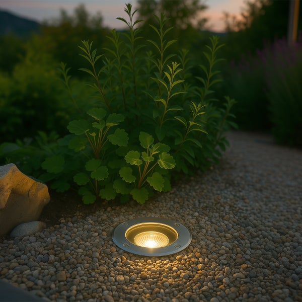 Runder LED-Bodeneinbaustrahler mit warmweißem Licht, eingebaut in einen Kiesweg neben grünen Gartenpflanzen.
