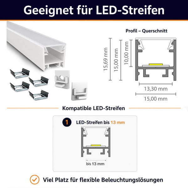 LED Profil für LED Streifen bis 13 Millimeter Breite mit Montagezubehör und Maßskizze zur Veranschaulichung der Abmessungen.