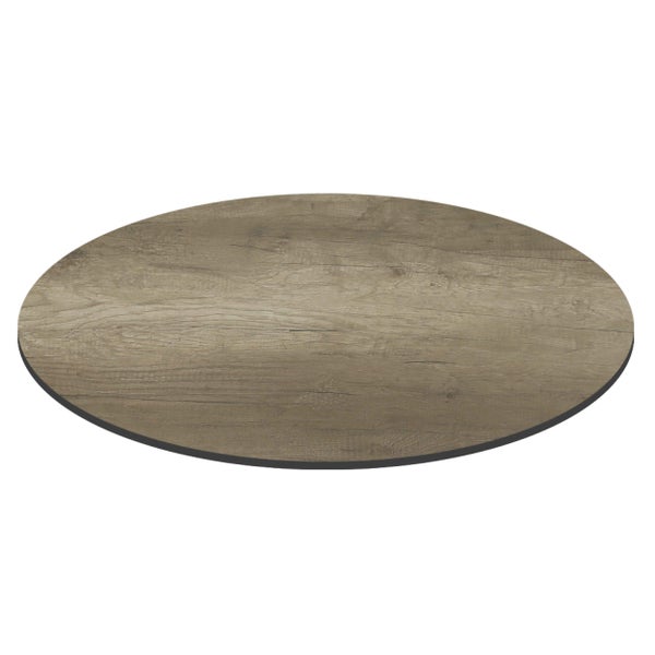 Runde Tischplatte in Holzoptik mit dunkler Kante.