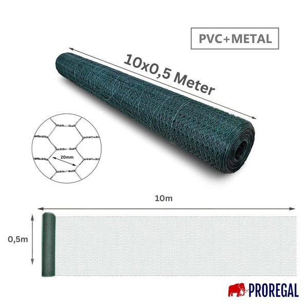 PROREGAL Maschendrahtzaun Sechseckgeflecht Keepy Höhe 0,5 Meter Länge 10 Meter Maschenweite 20 mm Drahtstärke 0,9 mm PVC-Beschichtet Grün