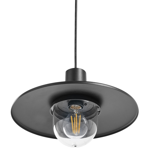 Moderne Hängeleuchte mit flachem Schirm aus Metall und Glaskugel für eine Glühlampe