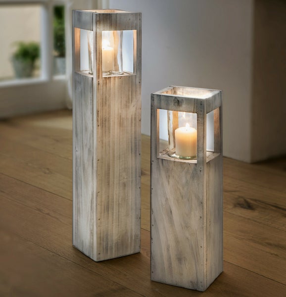 FRANK FLECHTWAREN | Windlichtsäule Shabby-Charme, HOLZ, 15 x 15 x 50 cm, Glas Ø 10 x 15 cm, ohne Kerze