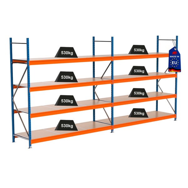 Lagerregal mit mehreren Ebenen und einer Traglast von 530 Kilogramm pro Ebene, Made in EU Kennzeichnung