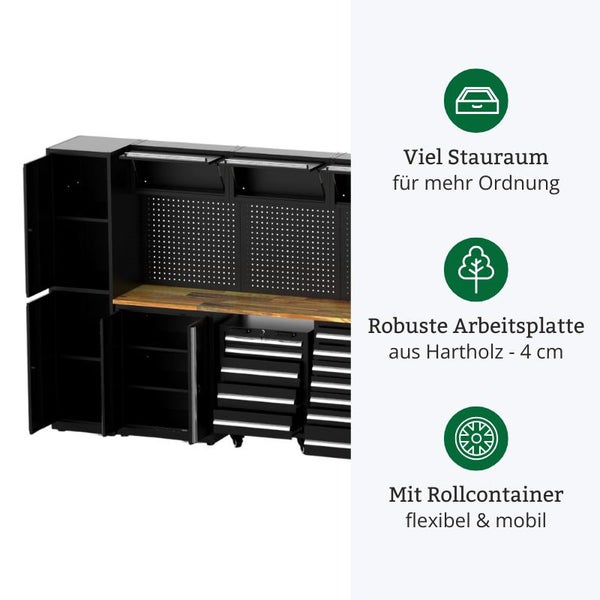 Werkbank mit Schränken, Schubladen und einer Arbeitsplatte aus Hartholz