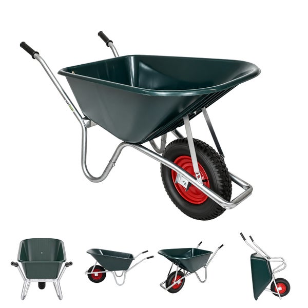 Gartenschubkarre mit Metallmulde und luftbereiftem Rad aus verschiedenen Perspektiven.