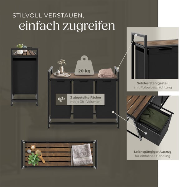 Wäschesortierer tectake  höhenverstellbare Kunststofffüße Industrial-Style, 2 oder 3 ausziehbare Fächer schwarz/braun