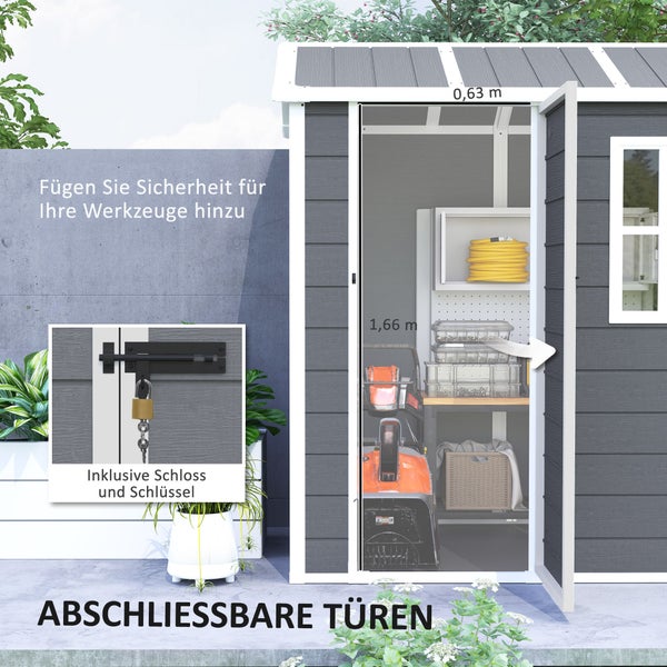 Outsunny Gerätehaus Kunststoff 2,1m² 186 x 130 x 199cm Geräteschuppen mit Satteldach Boden Fenster Abschließbarer Tür wetterfest Gartenhaus Outdoor Garten Schuppen für Hinterhof Grau