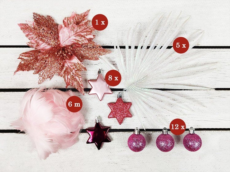 Weihnachtsdekoration Set mit Blume, Sternen, Federn und Kugeln für die Festtagsgestaltung