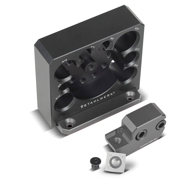 Stahlwerk Dübelmacher-Block aus Aluminium mit verschiedenen Lochdurchmessern, Montageblock, Schraube und Schneidplättchen.