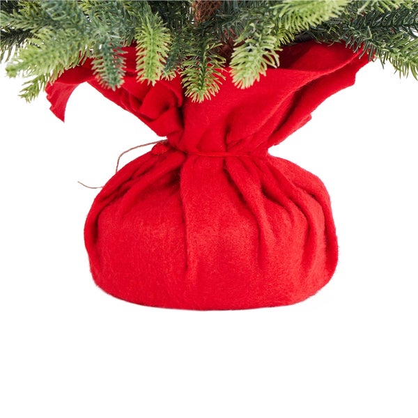 61 Zentimeter großer dekorierter künstlicher Weihnachtsbaum auf einem Tisch, mit Größenangaben und dem Hinweis einfache Installation