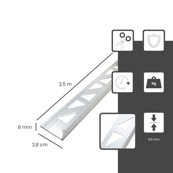 Fliesenschiene L-Profil aus Aluminium, Länge 2,5 Meter, Höhe 8 Millimeter, Breite 2,8 Zentimeter, Materialstärke 0,8 Millimeter.