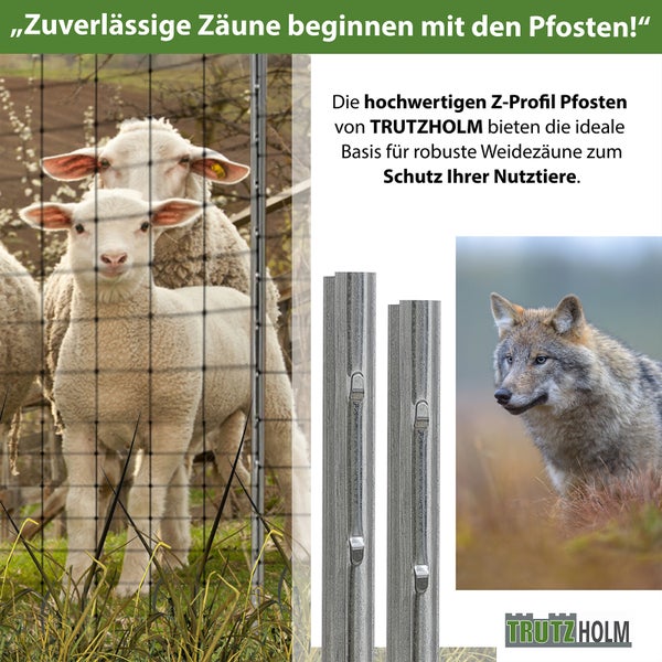 Z-Profil Zaunpfosten von Trutzholm für robuste Weidezäune zum Schutz von Nutztieren vor Wölfen.