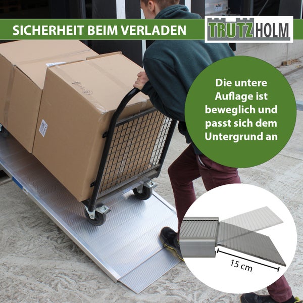 Eine Person schiebt einen beladenen Wagen über eine Verladerampe von Trutzholm.