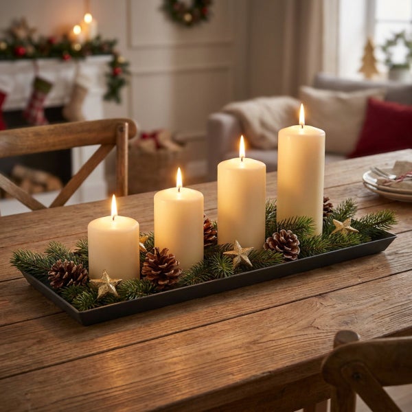 Vier brennende Adventskerzen auf einem rechteckigen Tablett mit Tannenreisig, Kiefernzapfen und Sternen als festliche Weihnachtsdekoration.