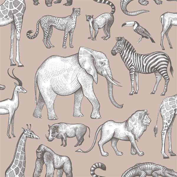 Tapete mit Tiermotiven: Elefant, Zebra, Löwe und andere Tiere