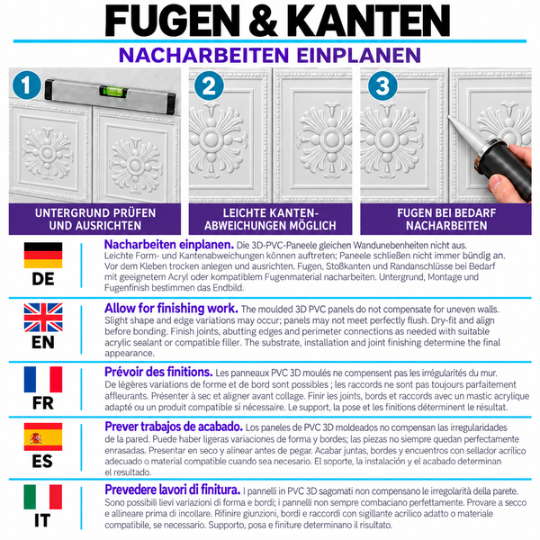 Anleitung zur Verarbeitung von 3D PVC Paneelen mit Hinweisen zur Fugenbearbeitung und Ausrichtung.