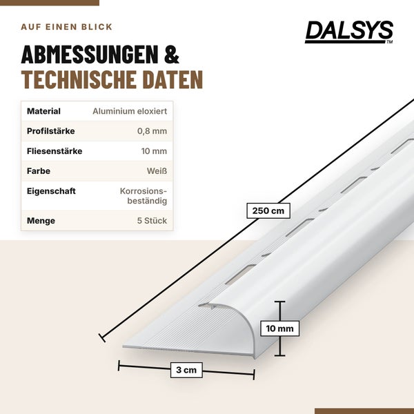 Dalsys Fliesenprofil aus eloxiertem Aluminium mit Maßangaben für eine Fliesenstärke von 10 Millimetern und einer Profillänge von 250 Zentimetern.